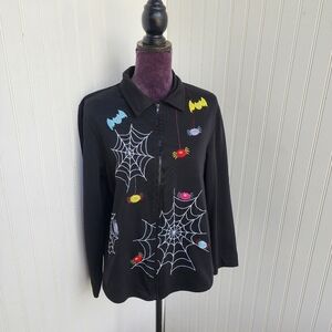 ONQUE CASUALS ACCENTED ZIP FRONT TOP/ JACKET FUN PARTY Spiders Web Haloween Sz L